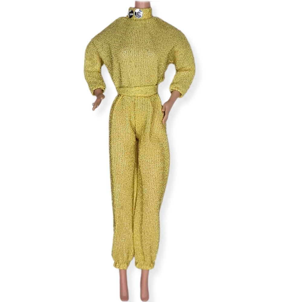 Barbie Clone Fashion Jumpuit Gold Metallic Shimmer Sequins Long Sleeve Vintage